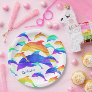 Plato De Papel Hermosos delfines en arcoiris con nombre