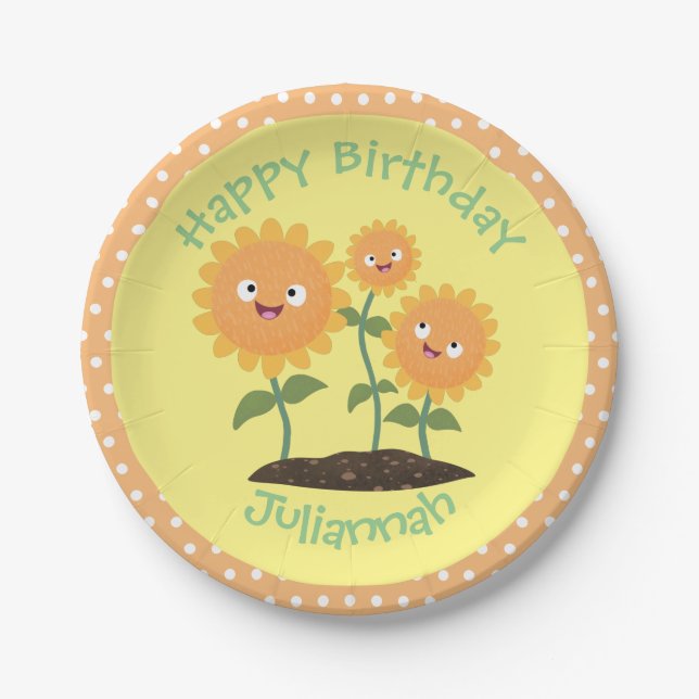 Plato De Papel Hermosos girasoles alegres sonrientes ilustracion  (Anverso)