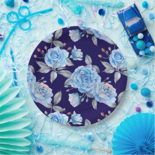 Plato De Papel Hermosos rosas azules, fondo azul marino,