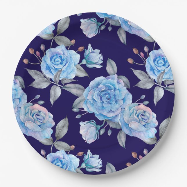 Plato De Papel Hermosos rosas azules, fondo azul marino, (Anverso)