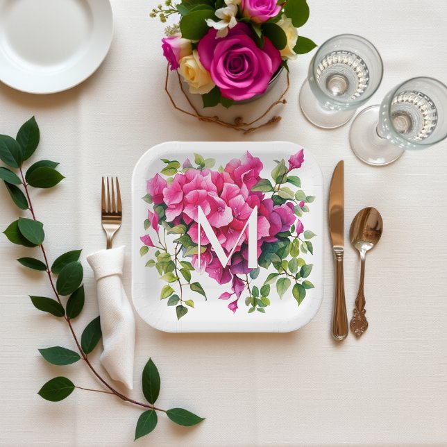 Plato De Papel Hermosos Rosas Magenta Wild Monogramados (Subido por el creador)