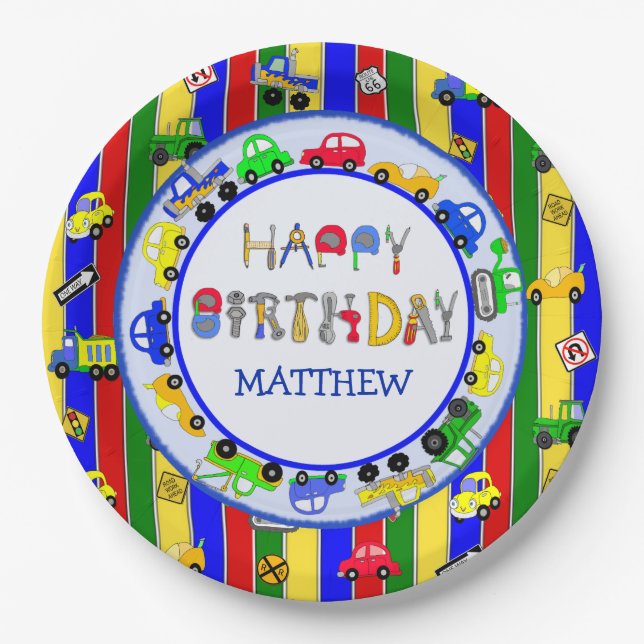 Plato De Papel Herramientas, Camiones, Coches, Tractores Cumpleañ (Anverso)
