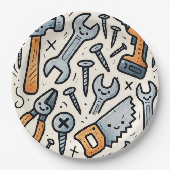 Plato De Papel Herramientas de bricolaje doodle cartoon (Anverso)