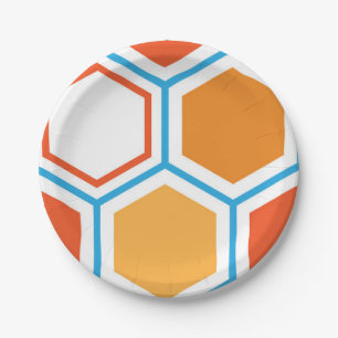 Plato De Papel Hexagón en naranja, azul y blanco