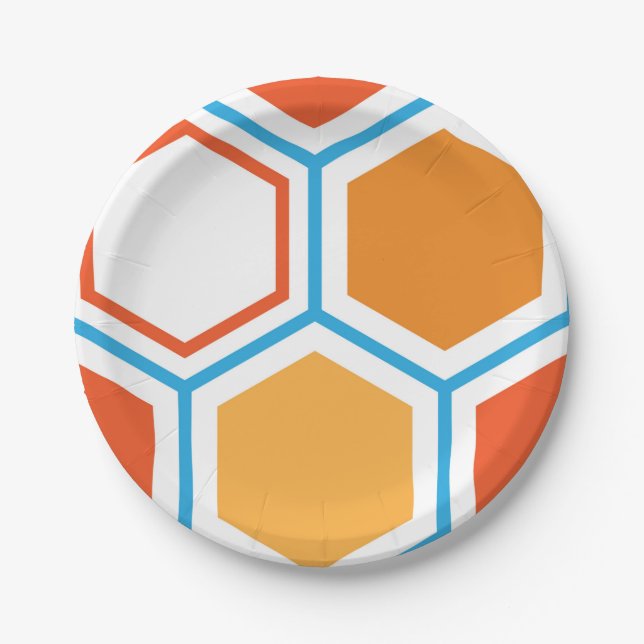 Plato De Papel Hexagón en naranja, azul y blanco (Anverso)