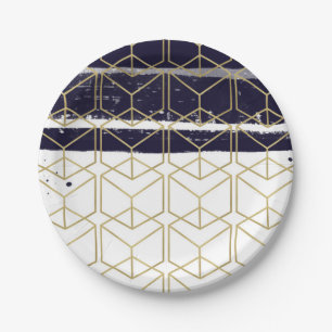 Plato De Papel Hexágono Moderno Azul Marino Dorado Geométrico Gla