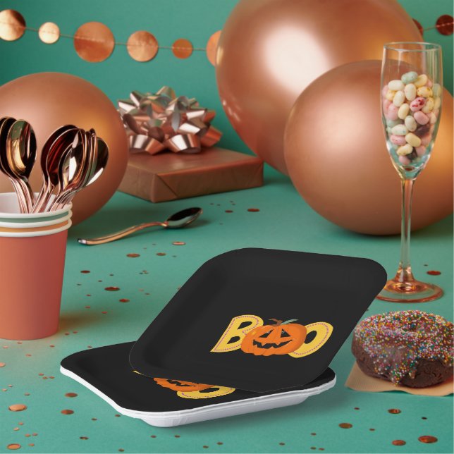 Plato De Papel Hey Boo Cute Calabaza Tipografía Dibujo Arte (Multi)