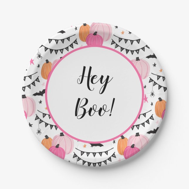 Plato De Papel Hey Boo Paper Placa Fiesta Halloween Rosa (Anverso)