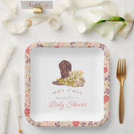Plato De Papel Hey Y'all Cowboy Boot & Bouquet Chica Baby Shower