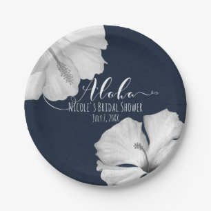 Plato De Papel Hibisco Blanco Azul Tropical Boda Aloha