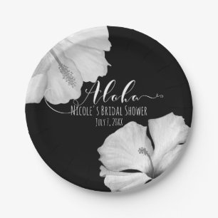 Plato De Papel Hibisco Blanco Negro Tropical Boda Aloha