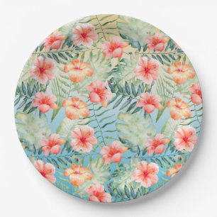 Plato De Papel Hibisco floral aqua rosa melocotón