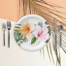 Plato De Papel Hibisco naranja y rosa acuarela tropicalFloral