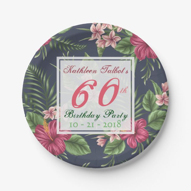 Plato De Papel Hibiscus 60th Birthday Party Paper Plate (Anverso)