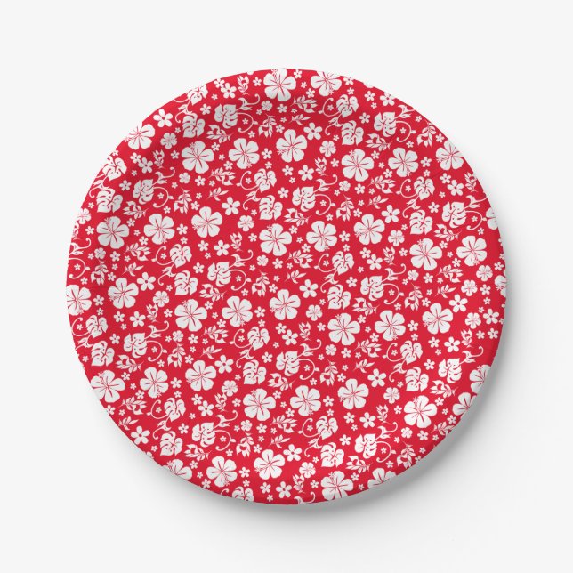 Plato De Papel Hibiscus blanco en el trópico rojo (Anverso)