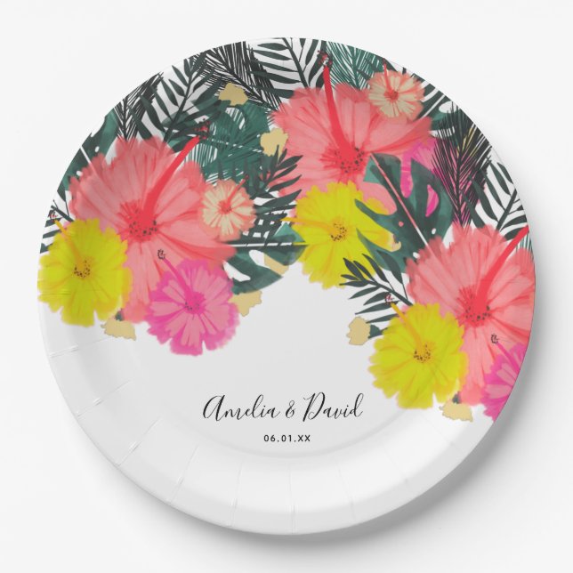 Plato De Papel Hibiscus Hawaii Mano tropical dibujada Boda brilla (Anverso)