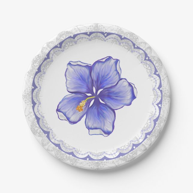 Plato De Papel Hibiscus & lace BLUE (Anverso)