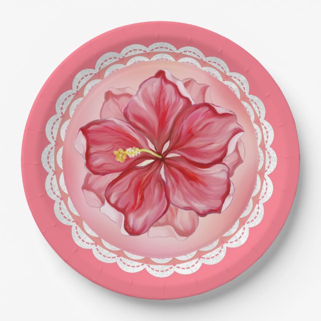 Plato De Papel Hibiscus & lace RED (Anverso)