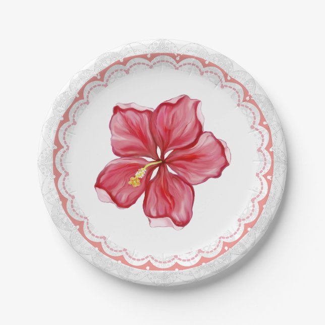 Plato De Papel Hibiscus & lace RED (Anverso)