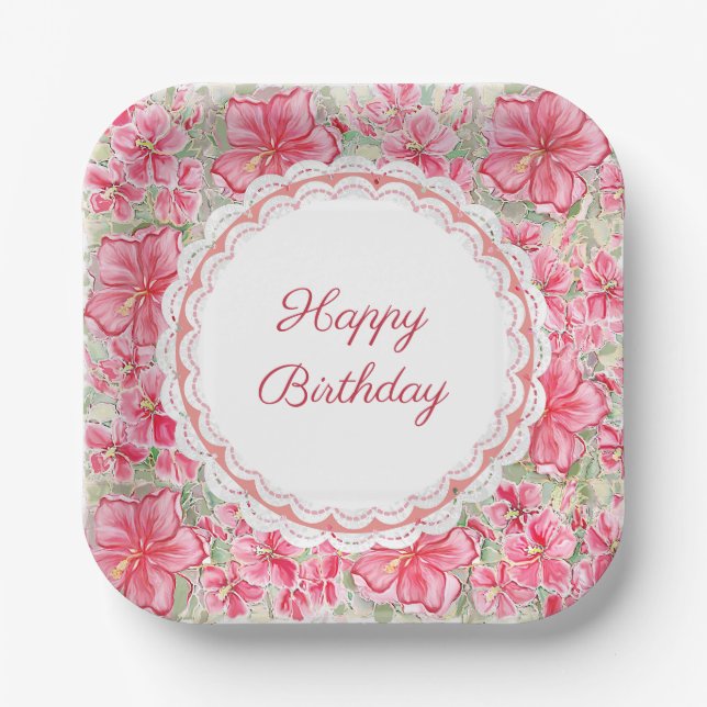 Plato De Papel Hibiscus & lace RED (Anverso)