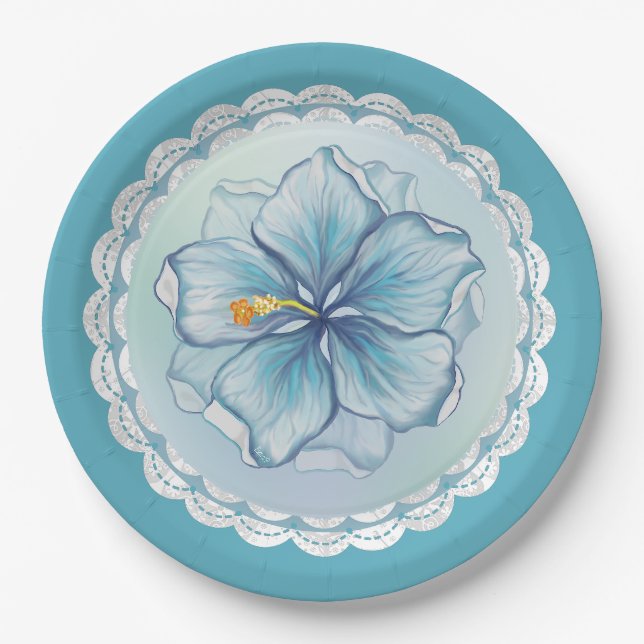 Plato De Papel Hibiscus & lace TURQUOISE (Anverso)