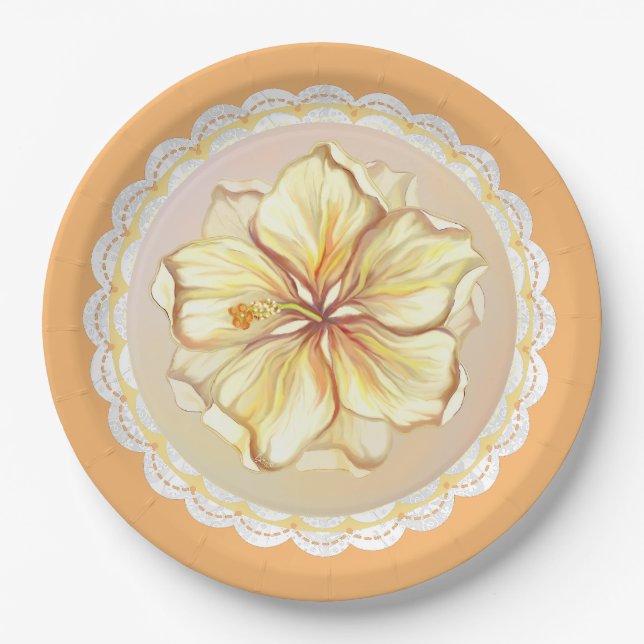 Plato De Papel Hibiscus & lace YELLOW (Anverso)