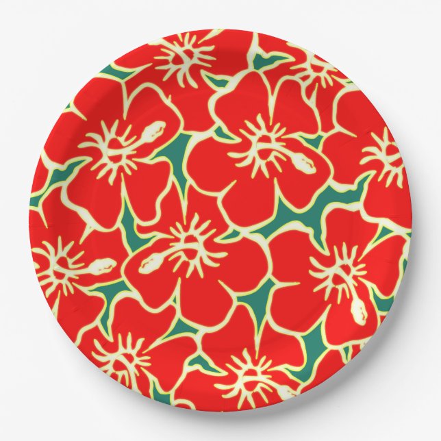 Plato De Papel Hibiscus Rojo Flores Tropicales Hawai Luau (Anverso)