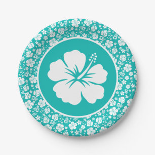 Plato De Papel Hibiscus tropical blanco en Aqua