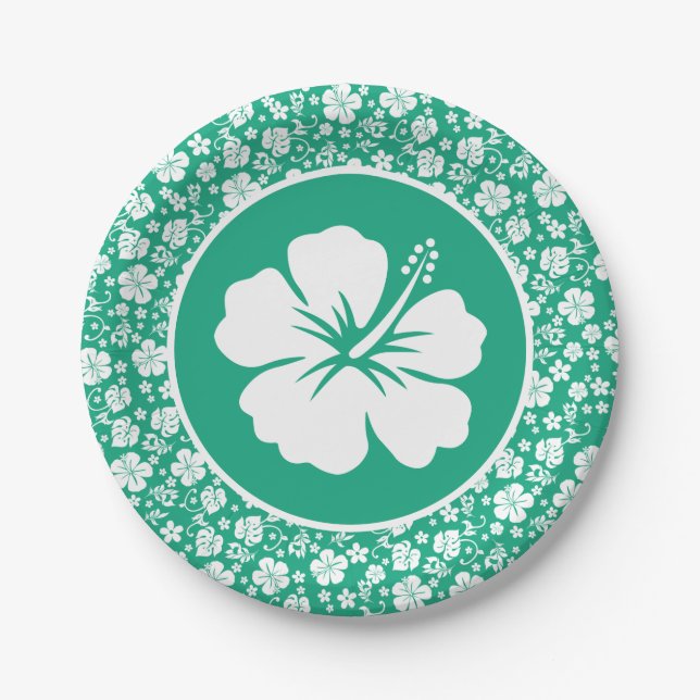 Plato De Papel Hibiscus tropical blanco en verde (Anverso)