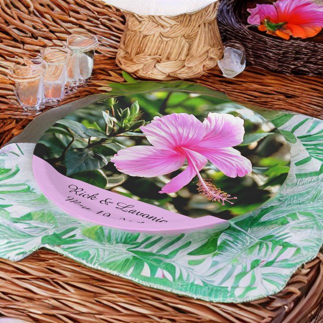 Plato De Papel Hibiscus vívido y rosa tropical personalizado (Subido por el creador)