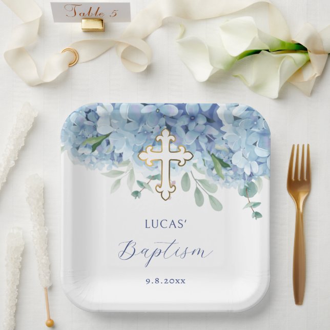 Plato De Papel Hidrangea azul Bautismo (Boda)