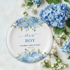 Plato De Papel Hidrangea azul Es un niño Baby Shower