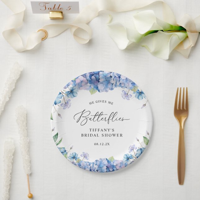 Plato De Papel Hidrangea Azul Moderna Ducha Marítima Floral (Boda)