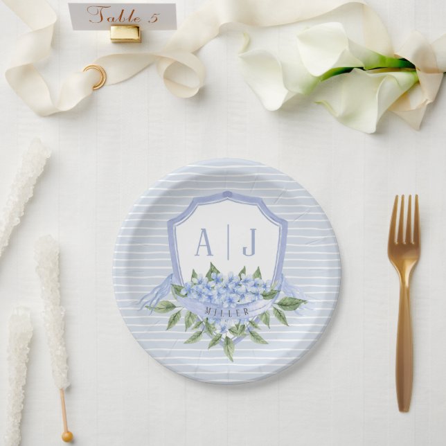 Plato De Papel Hidrangea azul Monograma con rayas (Boda)