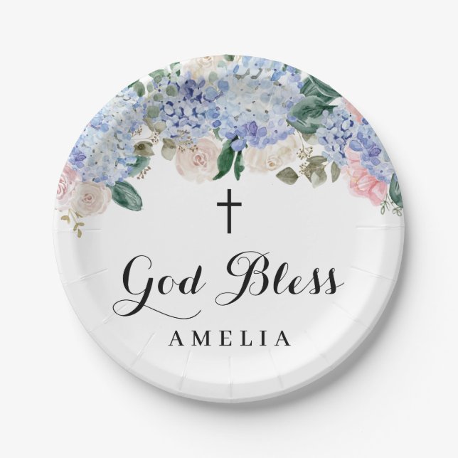 Plato De Papel Hidrangea azul y Rosas de marfil Dios bendiga el b (Anverso)