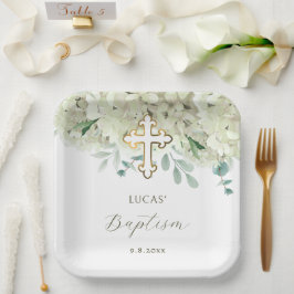 Plato De Papel Hidrangea blanca Bautismo