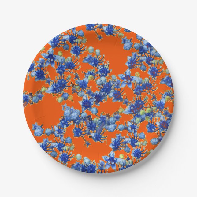 Plato De Papel Hidrangea Naranja y Azul (Anverso)