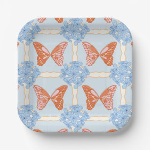 Plato De Papel Hidrangeas azules y mariposas rosadas y Naranjas
