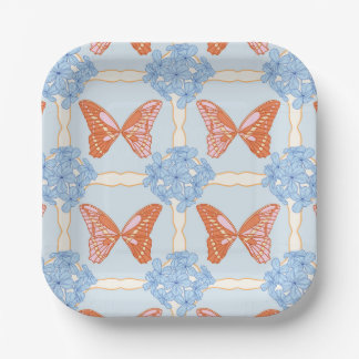 Plato De Papel Hidrangeas azules y mariposas rosadas y Naranjas