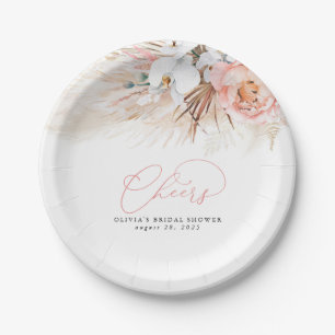 Plato De Papel Hierba de Pampas Flores Rosadas Saludos Tropical