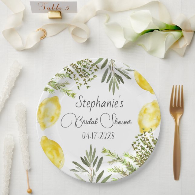 Plato De Papel Hierbas Botánicas Limones Regadera Nupcial  (Boda)
