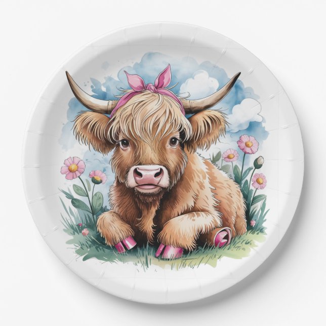 Plato De Papel Highland Cow Baby Shower Bliss (Anverso)