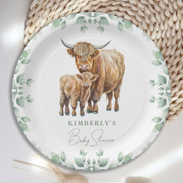 Plato De Papel Highland Cow Boho Greenery Farm Animal Baby Shower