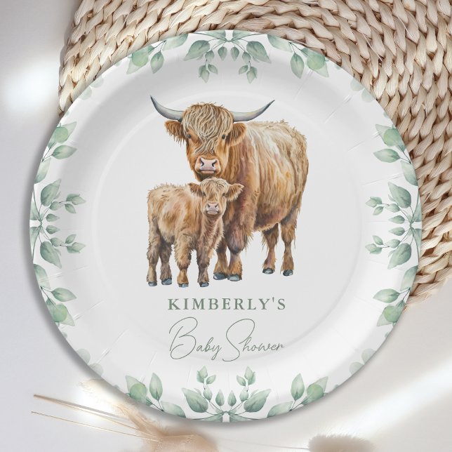 Plato De Papel Highland Cow Boho Greenery Farm Animal Baby Shower (Subido por el creador)