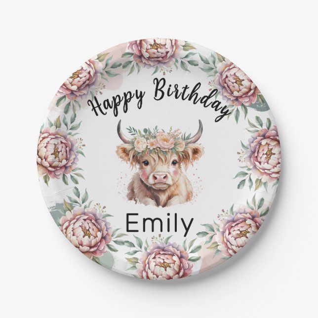 Plato De Papel Highland Cow Boho Watercolor First Birthday (Anverso)