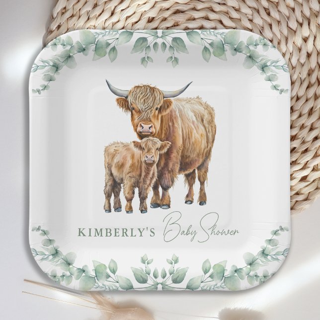 Plato De Papel Highland Cow Greenery Boho Farm Animal Baby Shower (Subido por el creador)