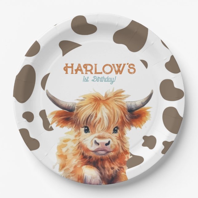Plato De Papel Highland Cow mi primera fiesta de cumpleaños de ro (Anverso)