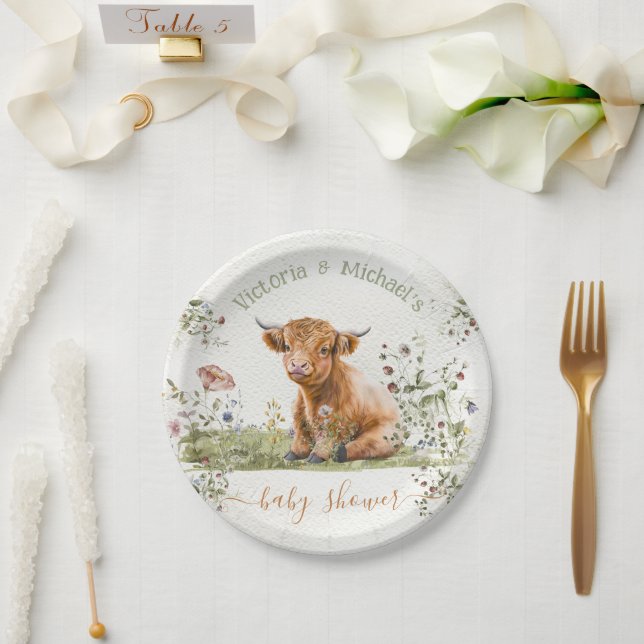 Plato De Papel Highland Cow Wildflower Baby Shower (Boda)
