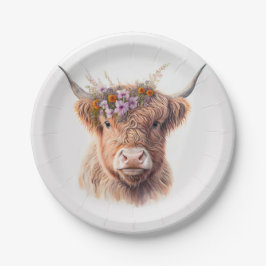 Plato De Papel Highland Cow with Floral Crown Watercolor Illustra