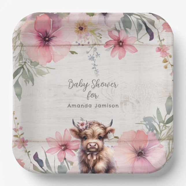 Plato De Papel Highland Holy Cow Floral Adorable Baby Shower (Anverso)